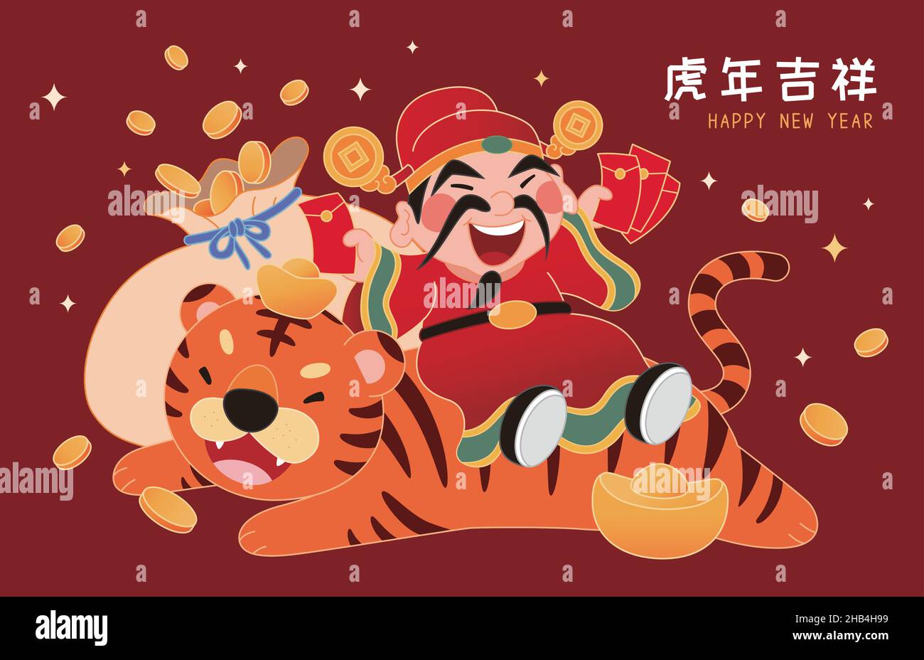 God of wealth holding red envelopes and sitting on a tiger with gold ingots and coins. Flat style illustration of Chinese new year. Text: Happy year o Stock Vector