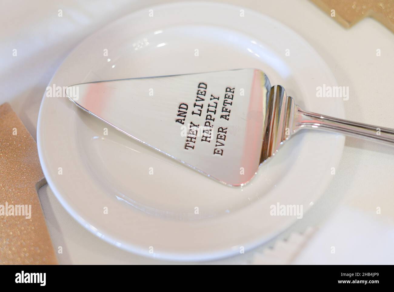 Silver cake serving utensil engraved with the phrase "You are my greatest adventure" on white plate at wedding reception cake table Stock Photo