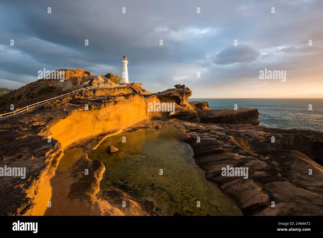 Castle Point Lighthouse, located near the village of Castlepoint in the Wellington Region of the North Island of New Zealand Stock Photo