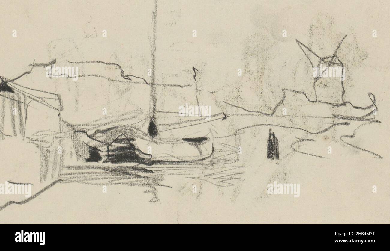In the background a mill, possibly De Victor. Page 27 from a sketchbook with 18 pages, Boat in the water., draughtsman: George Hendrik Breitner, Amsterdam, 1886 - c. 1898, George Hendrik Breitner, 1886 - c. 1898 Stock Photo