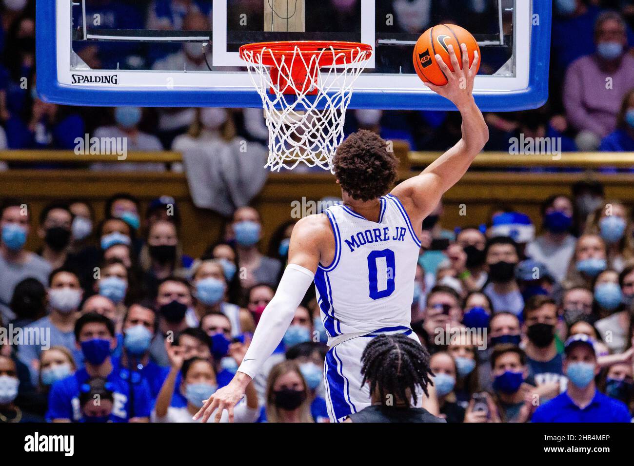 December 16, 2021: Duke Blue Devils forward Wendell Moore Jr. (0) goes for a slam dunk against the Appalachian State Mountaineers during the second half of the NCAA basketball matchup at Cameron Indoor in Durham, NC. (Scott Kinser/Cal Sport Media) Stock Photo
