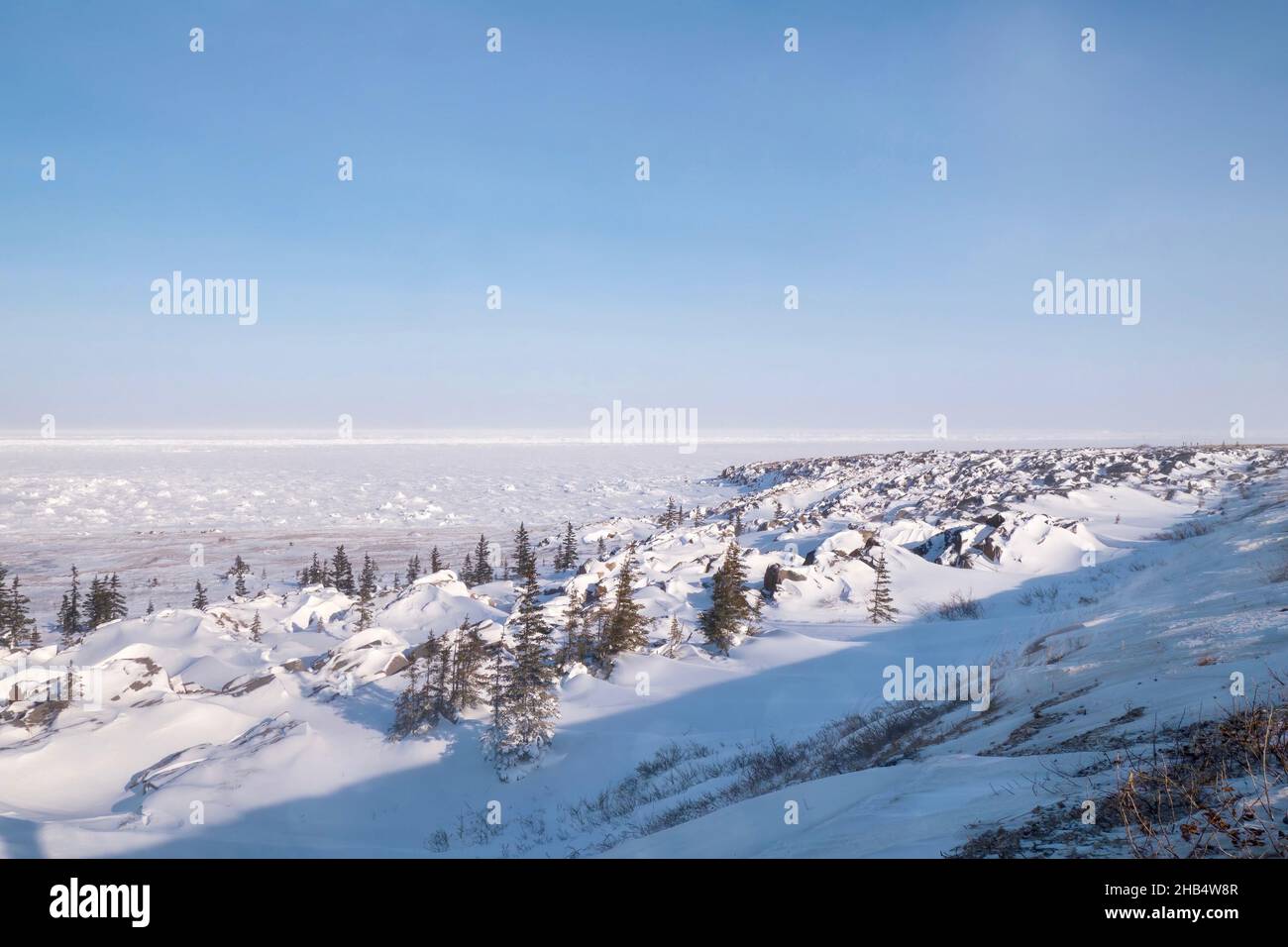 The snowy winter coastline and frozen white surface of Hudson Bay near Churchill, Manitoba, Canada. Stock Photo