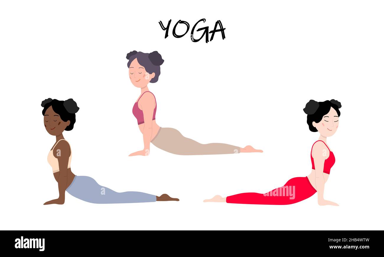 Womens Yoga set. Three girls, European, African and Asian show ...