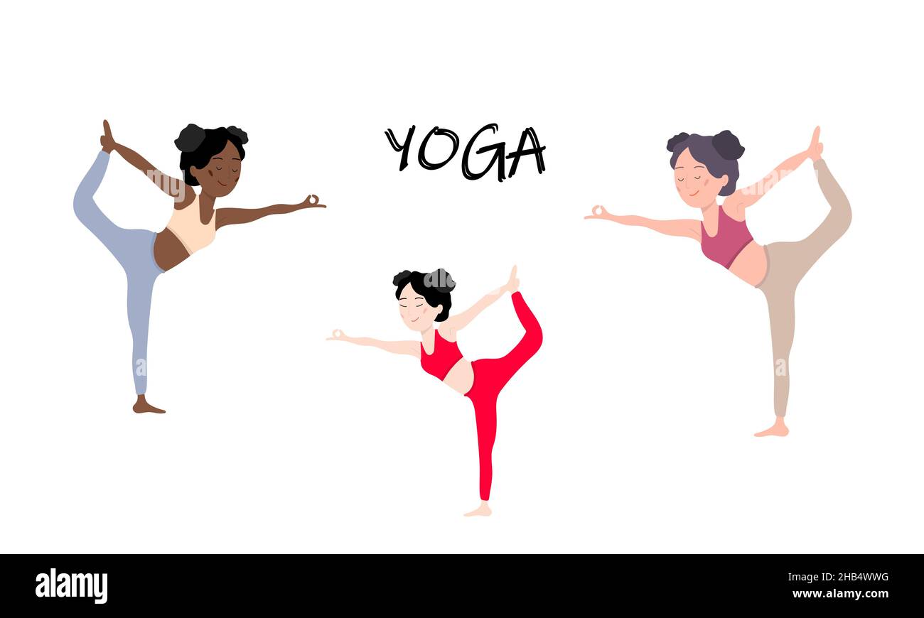 Womens Yoga set. Three girls, European, African and Asian show ...