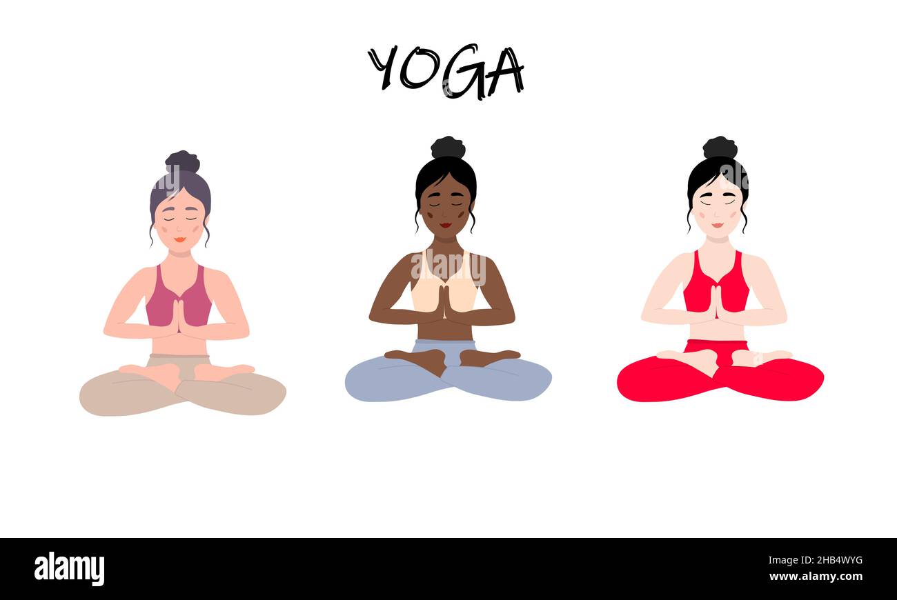 Womens Yoga set. Three girls, European, African and Asian show ...