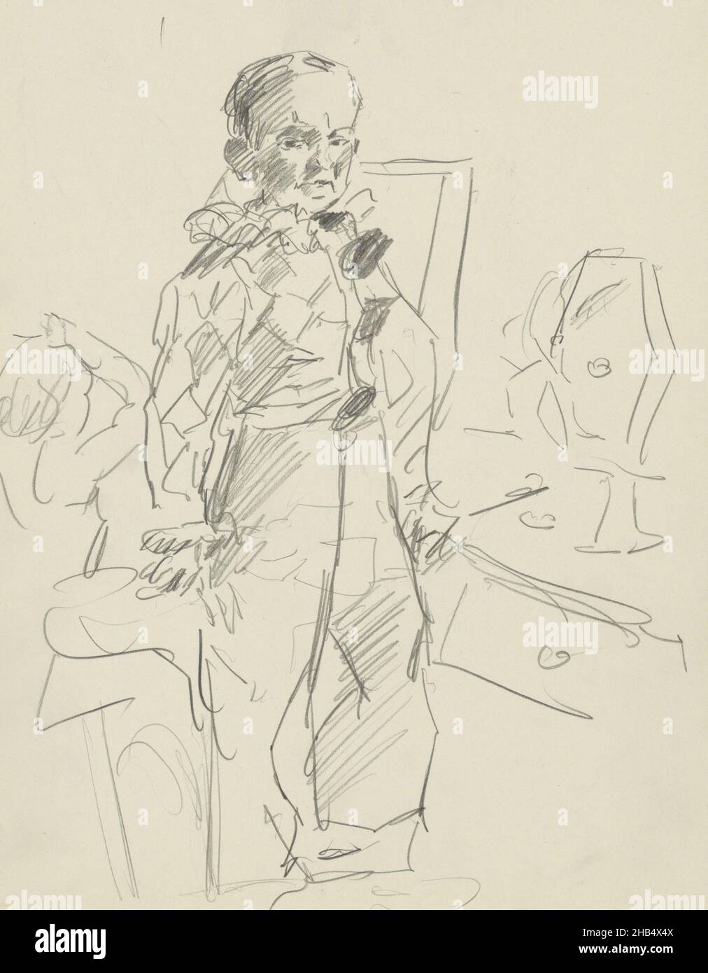 A woman is sitting at a dressing table. At the front a dressed up figure, possibly a clown. Sheet 7 recto from sketchbook XVIII with 35 sheets, Figures in a dressing room., Isaac Israels, c. 1915 - 1934 Stock Photo