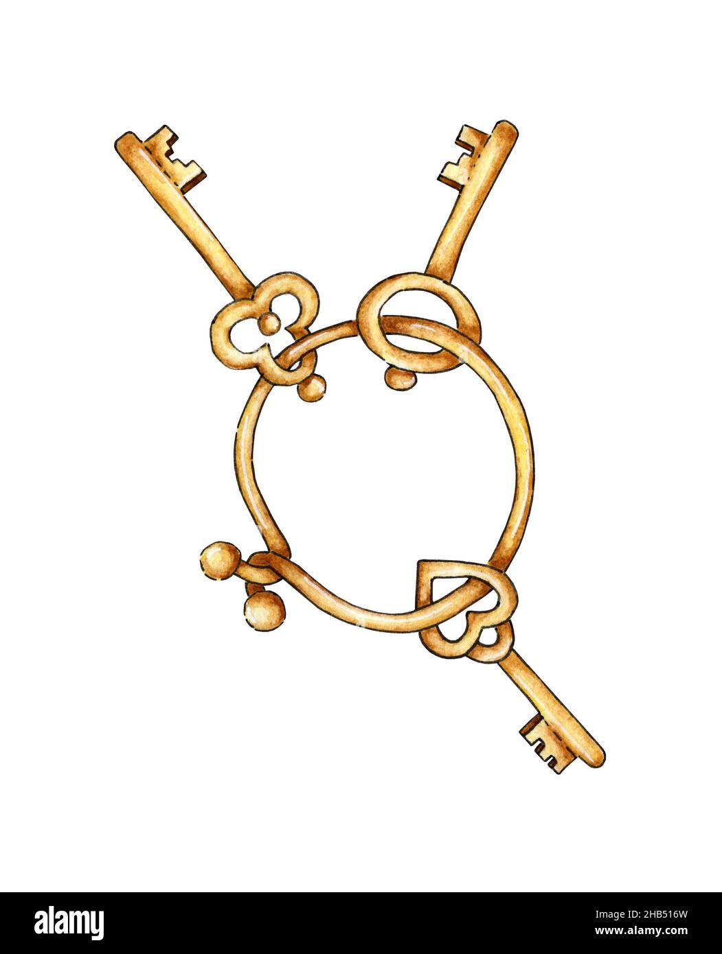 Watercolor painting a bunch of vintage gold keys. Fabulous print set of