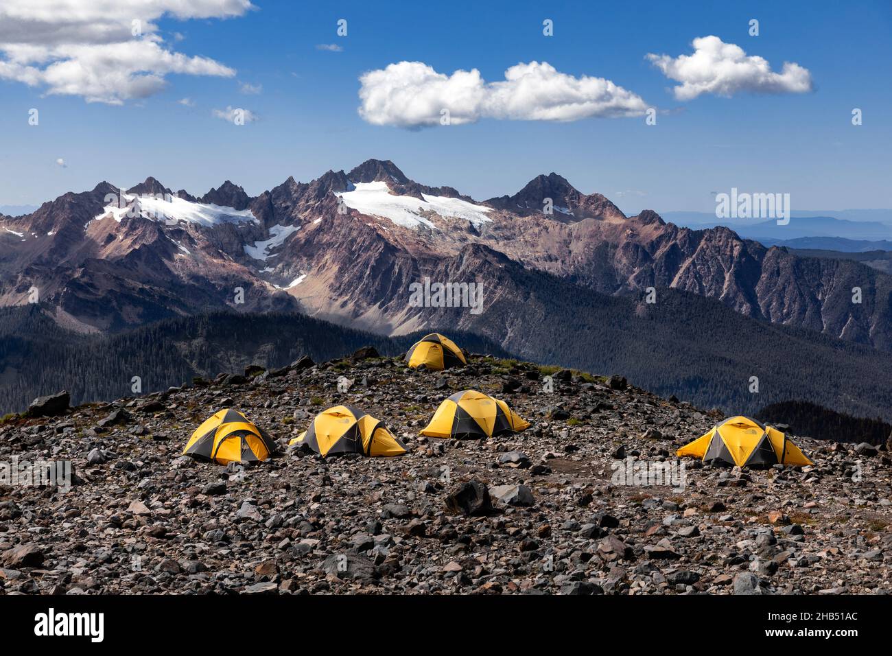 WA20538-00....WASHINGTON - Campsite at High Camp along the Railroad Grade Trail in the Mount Baker National Recreation Area, Stock Photo