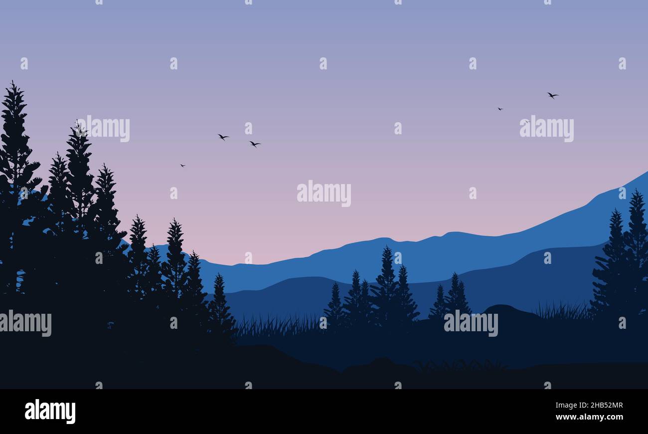 Pdusk Vector Aesthetic view of mountain silhouettes with trees from the village at ...