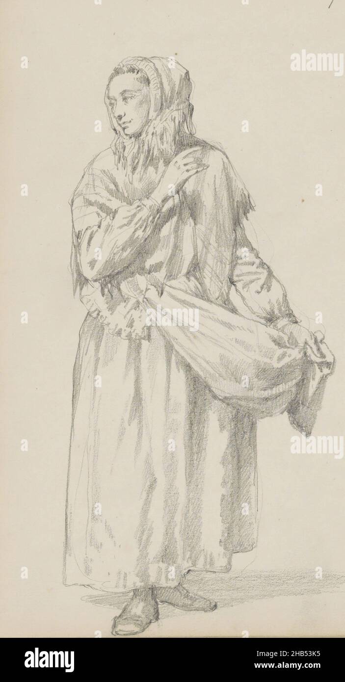Standing woman with a hat and a shawl. She has raised her right arm and in her left hand she is holding a drapery or apron. Sheet 22 from a sketchbook with 46 pages, Woman with a shawl., draughtsman: Cornelis Springer, Netherlands, 13-Nov-1873, Cornelis Springer, 1873 Stock Photo