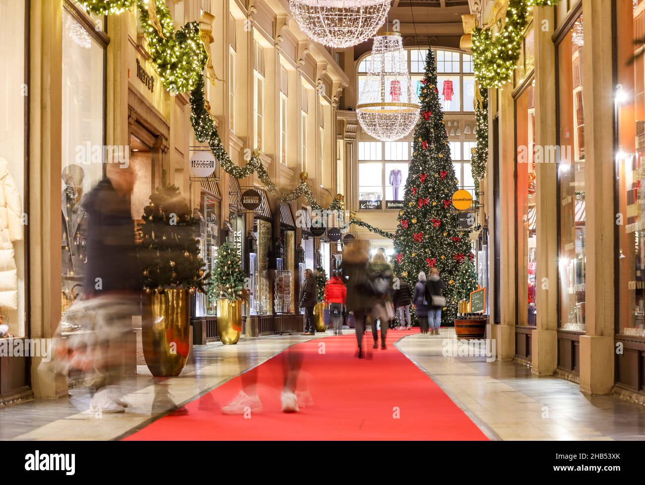 Leipzig, Germany. 15th Dec, 2021. A huge Christmas tree stands in the  Mädlerpassage in Leipzig's city centre. At Christmas time, the Transport  and Public Works Department installs around 5,300 lamps in the