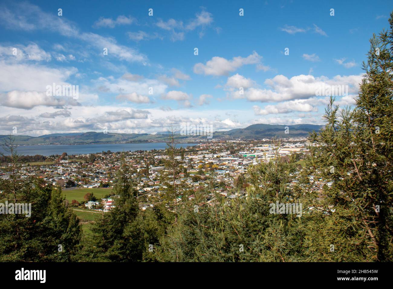 View over Rotorua towards the Lake from Sykline, North Island, New Zealand Stock Photo