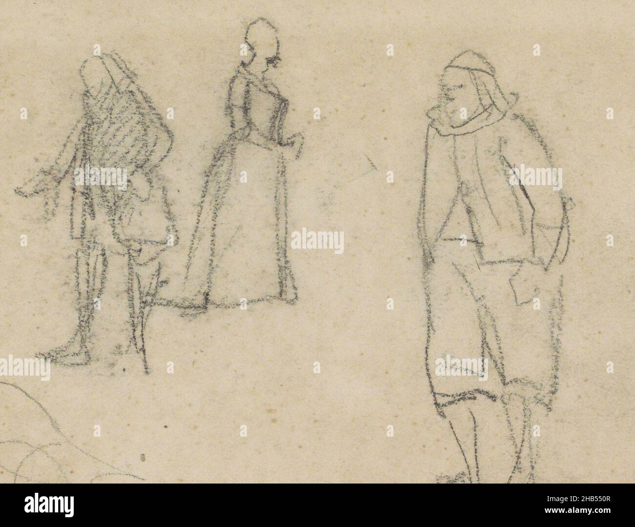 Two men and one female figure, probably in seventeenth-century costume. Page 1 from a sketchbook with 28 pages, Figures in historical costume, draughtsman: Marius Bauer, 1879 - c. 1884, Marius Bauer, 1879 - c. 1884 Stock Photo