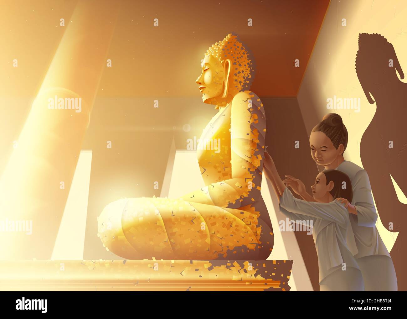 Buddhism vector illustration of auntie is guiding her granddaughter to gild the gold leaf on buddha statue and teaching her about ancient Thai idiom o Stock Vector