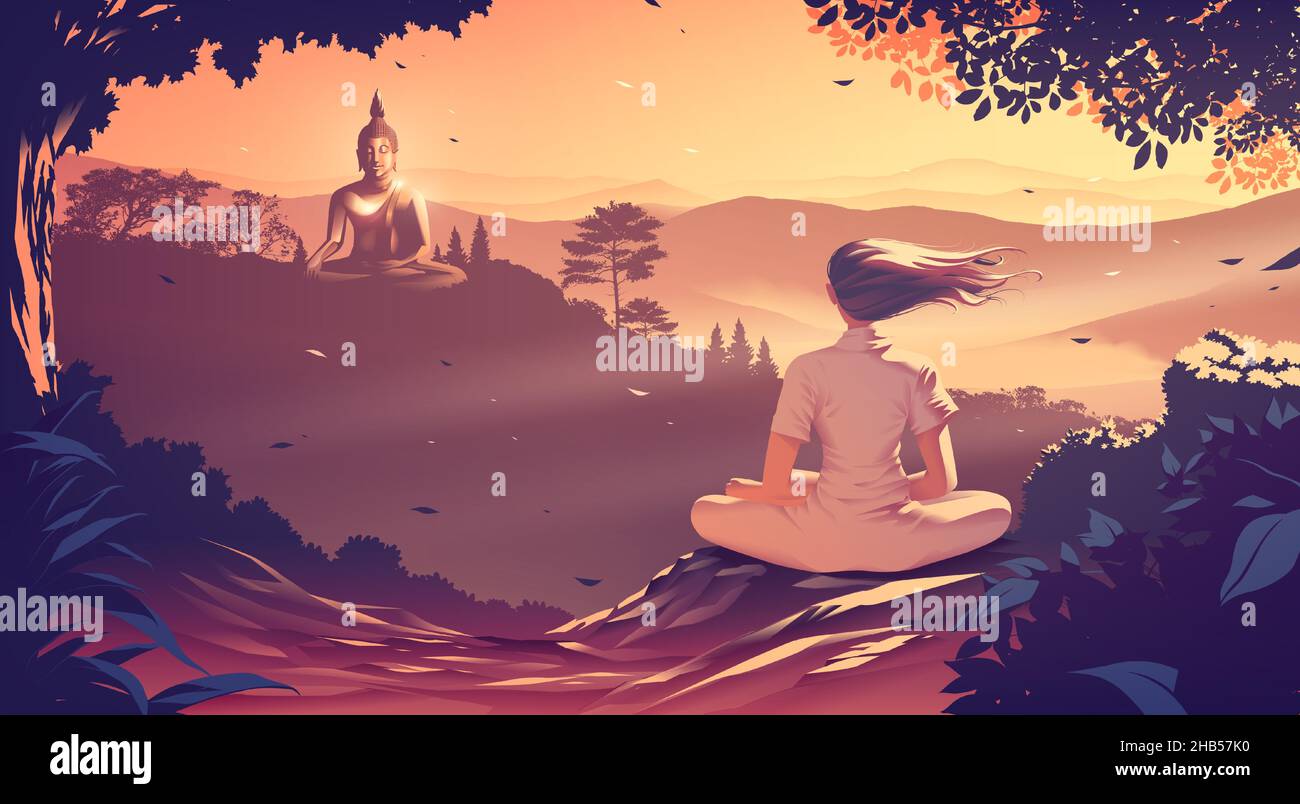 A Buddhism vector illustration of a young woman is meditating on the top of a mountain where she is facing another mountain where the buddha statue in Stock Vector