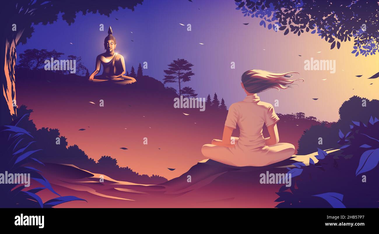 A Buddhism vector illustration of a young woman is meditating on the top of a mountain where she is facing another mountain where the buddha statue in Stock Vector