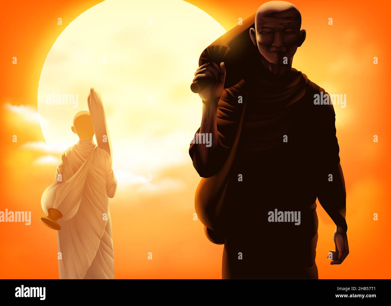 Buddhism vector illustration of a male monk and female monk are walking in an opposite direction, but towards the same destination is Nirvana. Stock Vector