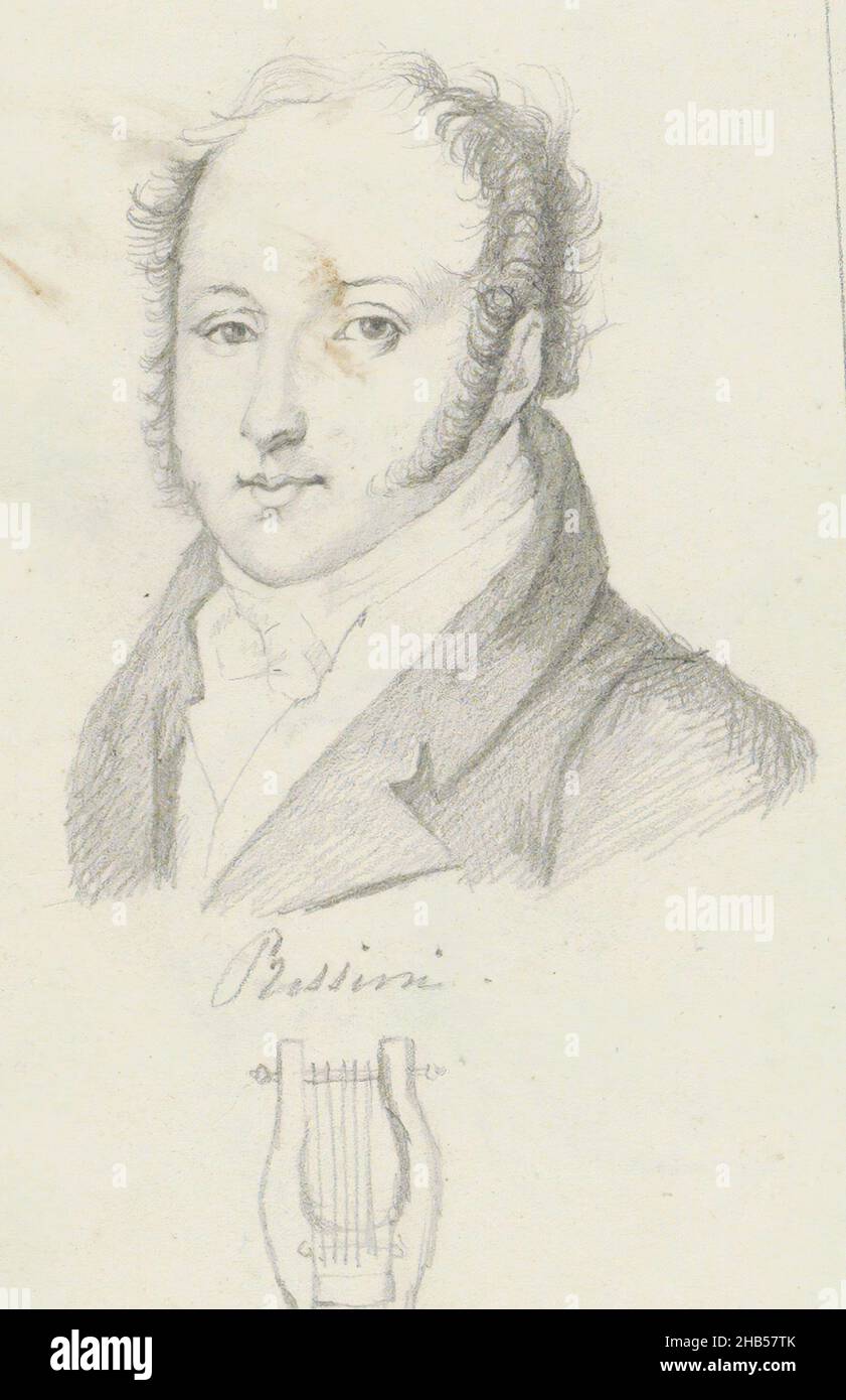 Portrait of Rossini in a frame with underneath the portrait his (fake) signature and a drawing of a winch. Also two studies of women's heads. Sheet 5 verso from a sketchbook with 39 pages, Portrait of Gioacchino Rossini., after Joseph Coiny, in or after 1819 Stock Photo