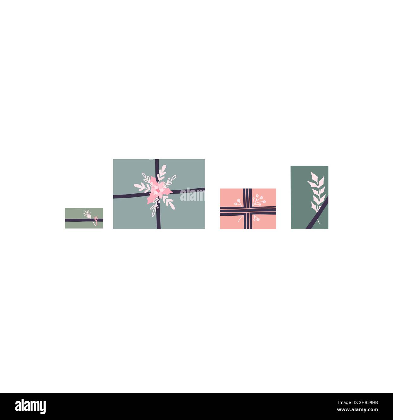 Holiday illustration of hygge parcels and package top view with ribbons ...