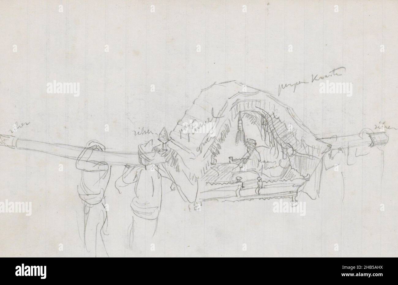 Two men carry the chair, in which a figure sits on cushions. Page 82