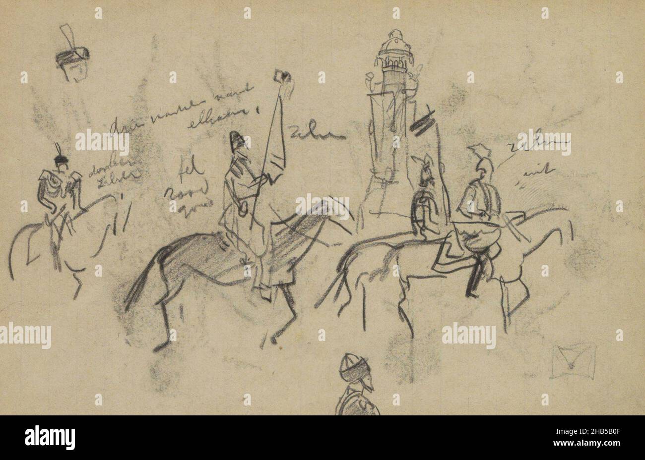 The military are part of the procession for the coronation of Tsar Nicholas II. In the background is a tower, probably one of the towers of the Kremlin. Page 64 from a sketchbook with 50 pages, Parade of soldiers on horseback with a banner., draughtsman: Marius Bauer, Moskou, 1896, Marius Bauer, 1896 Stock Photo