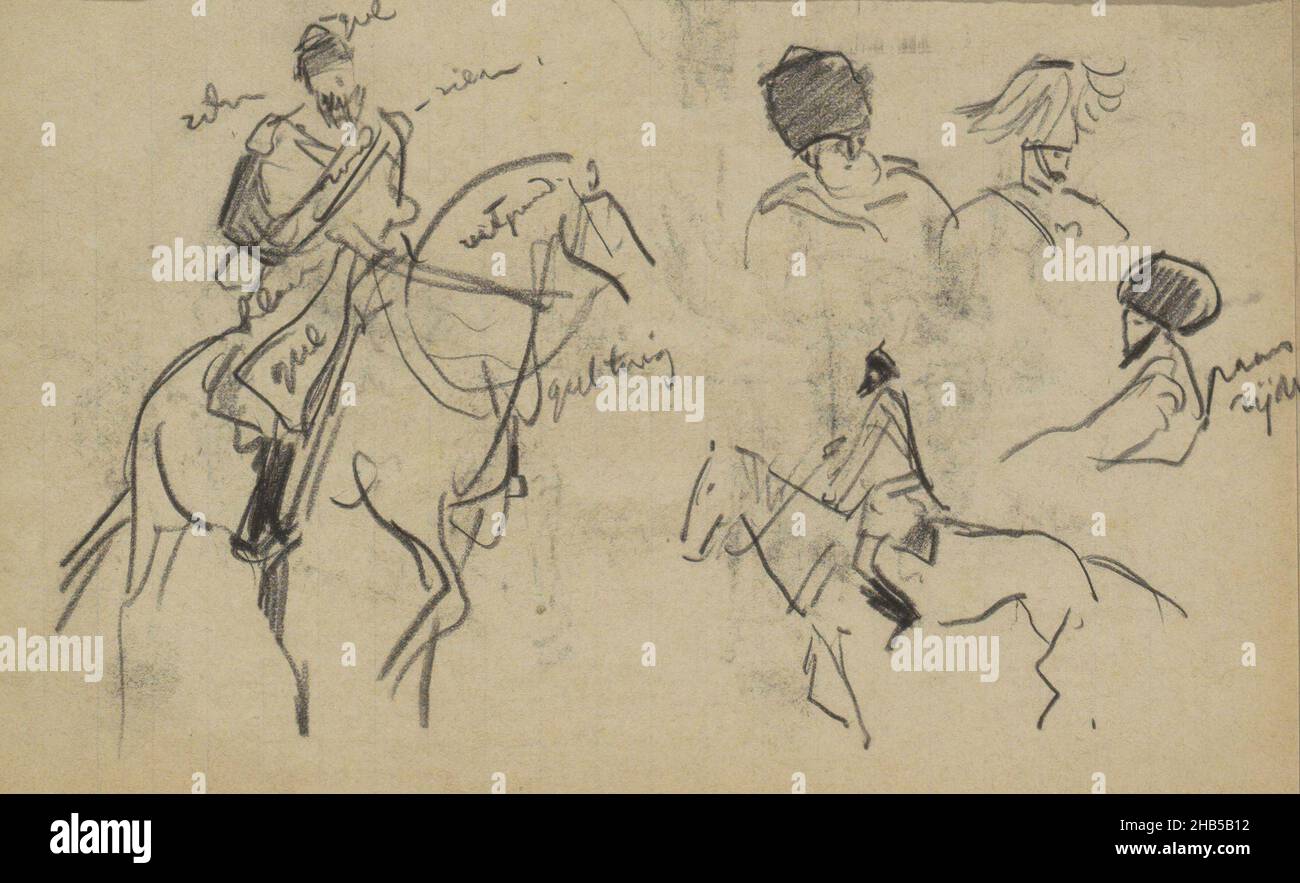 The military are part of the procession for the coronation of Tsar Nicholas II. Also two studies of heads with headgear. Page 66 from a sketchbook with 50 pages, Military on horseback., draughtsman: Marius Bauer, Moskou, 1896, Marius Bauer, 1896 Stock Photo