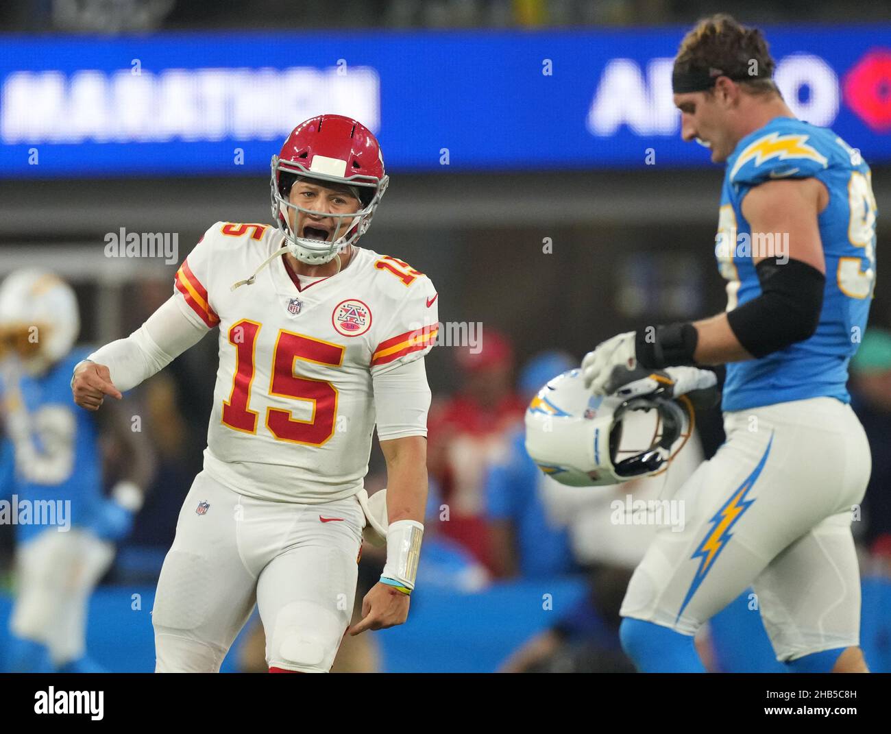 Inglewood, USA. 17th Dec, 2021. Chiefs quarterback Patrick Mahomes screams  after beating the Chargers at SoFi Stadium on Thursday, December 16, 2021  in Inglewood, California. The Chiefs defeated the Chargers in overtime
