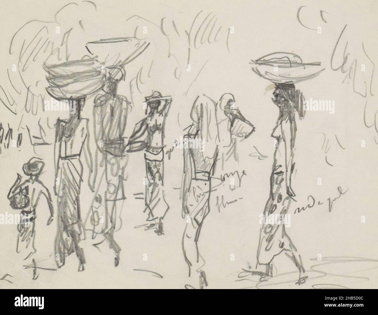 Some of the figures carry bowls on their heads. Page 82 from a sketchbook with 67 pages., Indonesians, walking in a group, draughtsman: Marius Bauer, Indonesia, 1925, Marius Bauer, 1925 Stock Photo