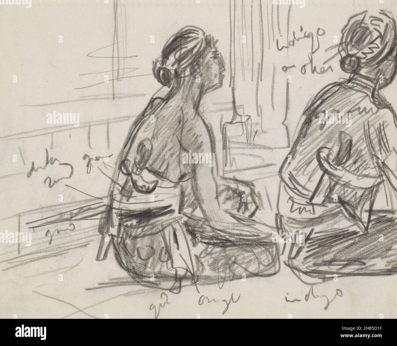 The figures wear traditional costume and have swords in a cloth around the waist. Page 104 from a sketchbook with 67 pages, Two seated Indonesians in an interior, draughtsman: Marius Bauer, Indonesia, 1925, Marius Bauer, 1925 Stock Photo