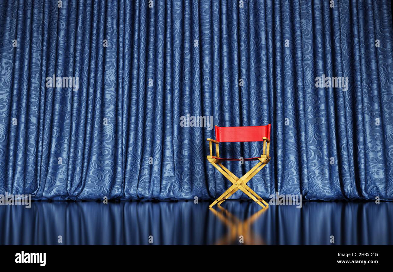 3d Illustration red small director chair on stage in front of blue curtain. Film concept. 3D scene Stock Photo