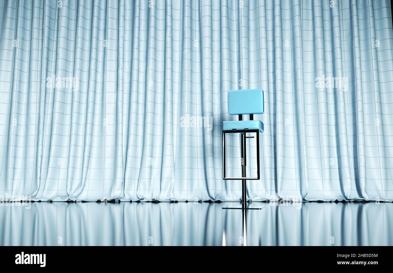 3d Illustration blue small bar chair on stage in front of light blue curtain. Performance or show concept. 3D scene Stock Photo