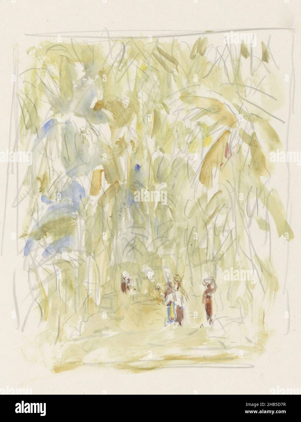 Some of the figures carry bowls on their heads. Page 10 from a sketchbook with 48 pages, Figures in the forest of Siam., draughtsman: Marius Bauer, Thailand, 1931, brush, Marius Bauer, 1931 Stock Photo