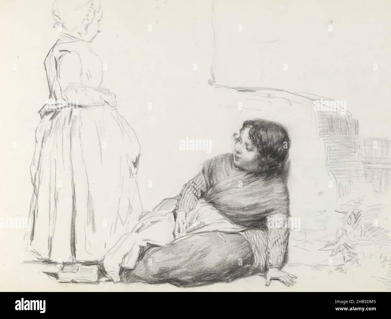 Sheet 34 verso from a sketchbook with 45 sheets, Girl sitting against a wall and a standing woman on clogs, Reinier Craeyvanger, 1822 - 1880 Stock Photo