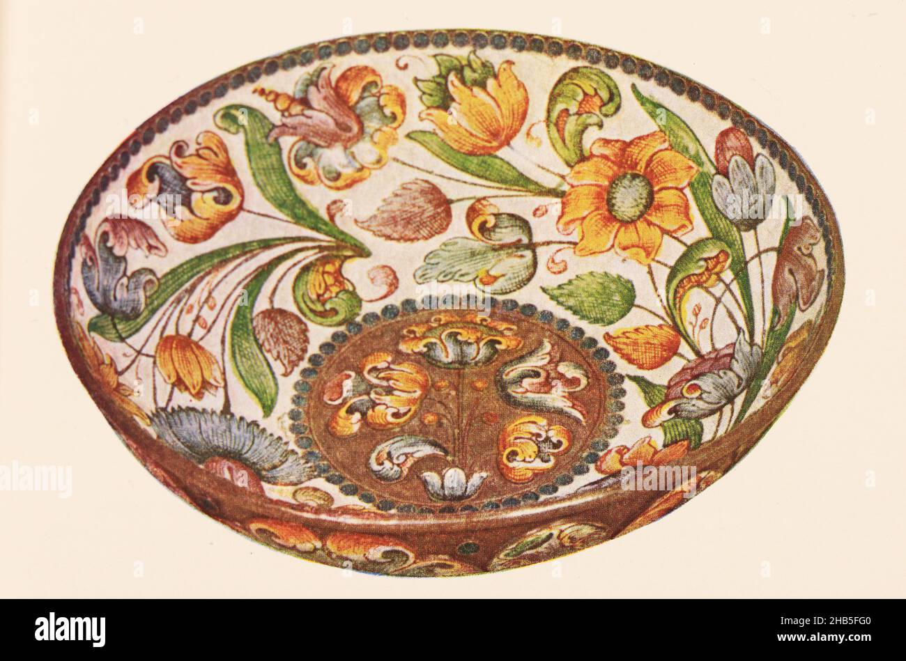 Copper saucer with painted enamel from the Solvychegodsk work of the 1690s. Stock Photo