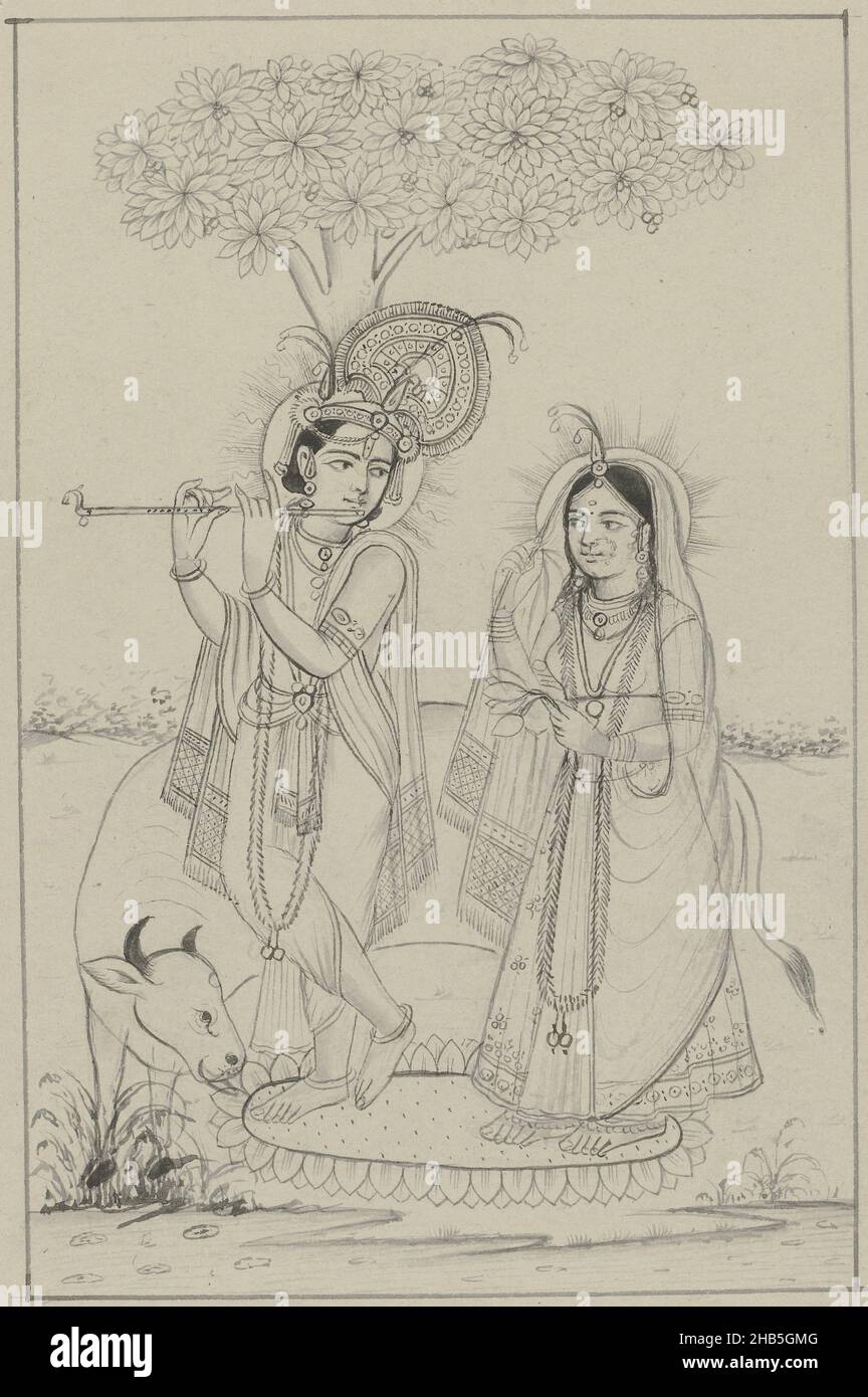 Krishna, playing a flute, and Radha, Krishna and Radha are standing together on a lotus rug by a tree, Krishna playing his flute and looking back at Radha who is shyly watching him from behind her veil; a cow is licking Krishna's feet, draughtsman: anonymous, Jaipur, 1800 - 1899, paper, brush, height 30 cm × width 42.5 cmheight 130 mm × width 85 mm Stock Photo