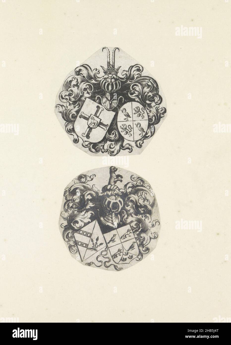 Two arms, Two representations on an album page. They are two showy helmets with two unidentified arms. On the shields climbing lions, storks, birds, foxes and horns. The prints are part of an album., print maker: anonymous, 1550 - 1650, paper, engraving, height 383 mm × width 310 mm Stock Photo