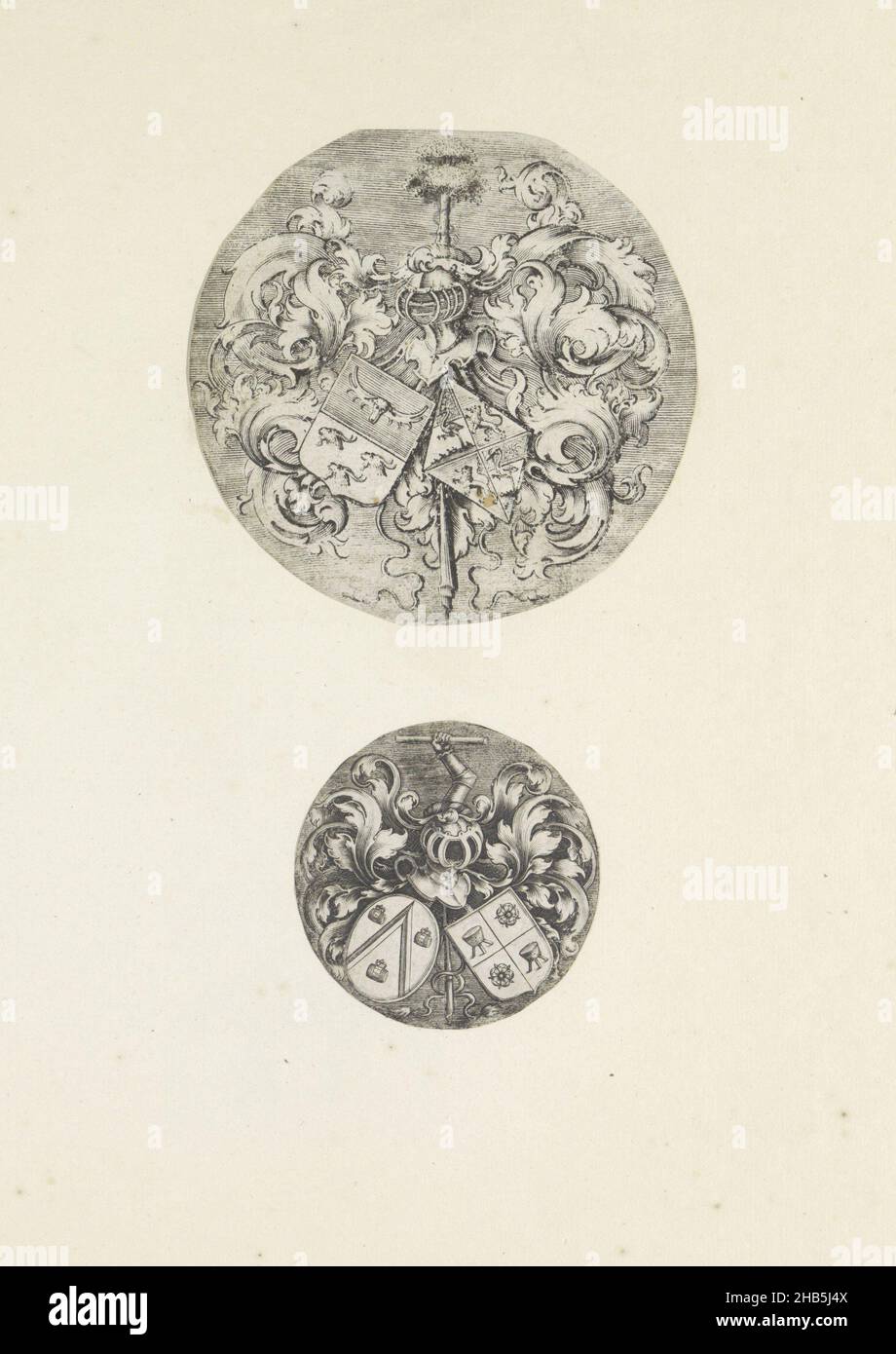 Two arms, Two representations on an album leaf. These are two showy helmets with arms. Above a double shield with three goat heads and antlers on the left and a weapon with two lions and two storks on the right (possibly De Vogelaer family). At the bottom a double shield. The shield on the left is related to the Verlaen or Van der Laen family (twill with three barrels). To the right a quadrilateral shield with two stools and two roses. The prints are part of an album., print maker: anonymous, 1550 - 1650, paper, engraving, height 383 mm × width 310 mm Stock Photo