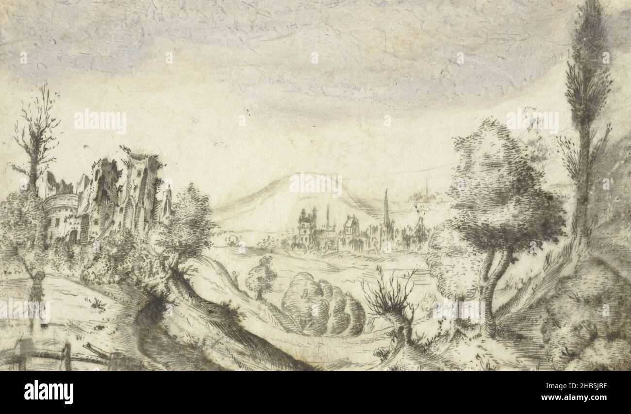 Hilly landscape with hunter and ruin, draughtsman: anonymous, unknown, c. 1600, parchment (animal material), brush, height 86 mm × width 140 mm Stock Photo