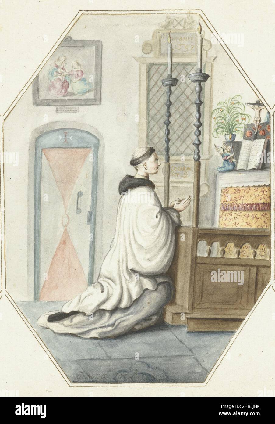 Kneeling friar at an altar, Friar wearing a habit of the Order of the ...