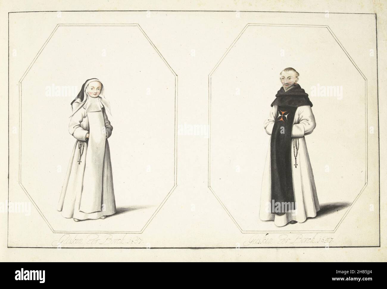 Standing nun and standing friar, Opaque sheet with two drawings ...