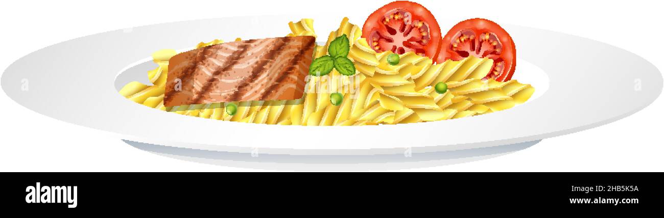 Pasta fusilli with fish steak and tomato illustration Stock Vector ...
