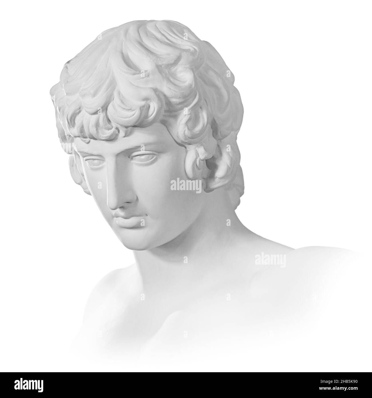 Gypsum copy of famous ancient statue Antinous bust isolated on a white background with clipping path. Plaster antique sculpture young man face Stock Photo