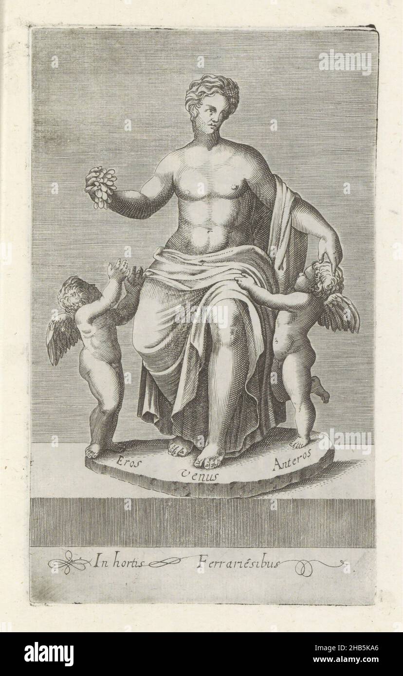 Sculpture group with Venus between Eros and Anteros, Antique sculptures in Rome (series title), Antiquarum statuarum urbis Romae quae in publicis locis visuntur icones (series title), Caption in Latin. Print is part of an album., print maker: anonymous, publisher: Andrea Vaccari, print maker: Italy, publisher: Rome, 1584, paper, engraving, height 222 mm × width 134 mm Stock Photo