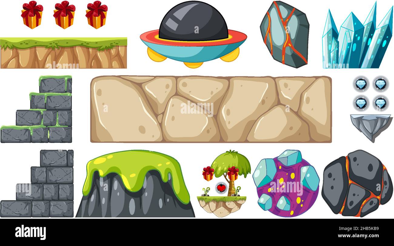 Set of isolated fantasy space game objects and elements illustration ...