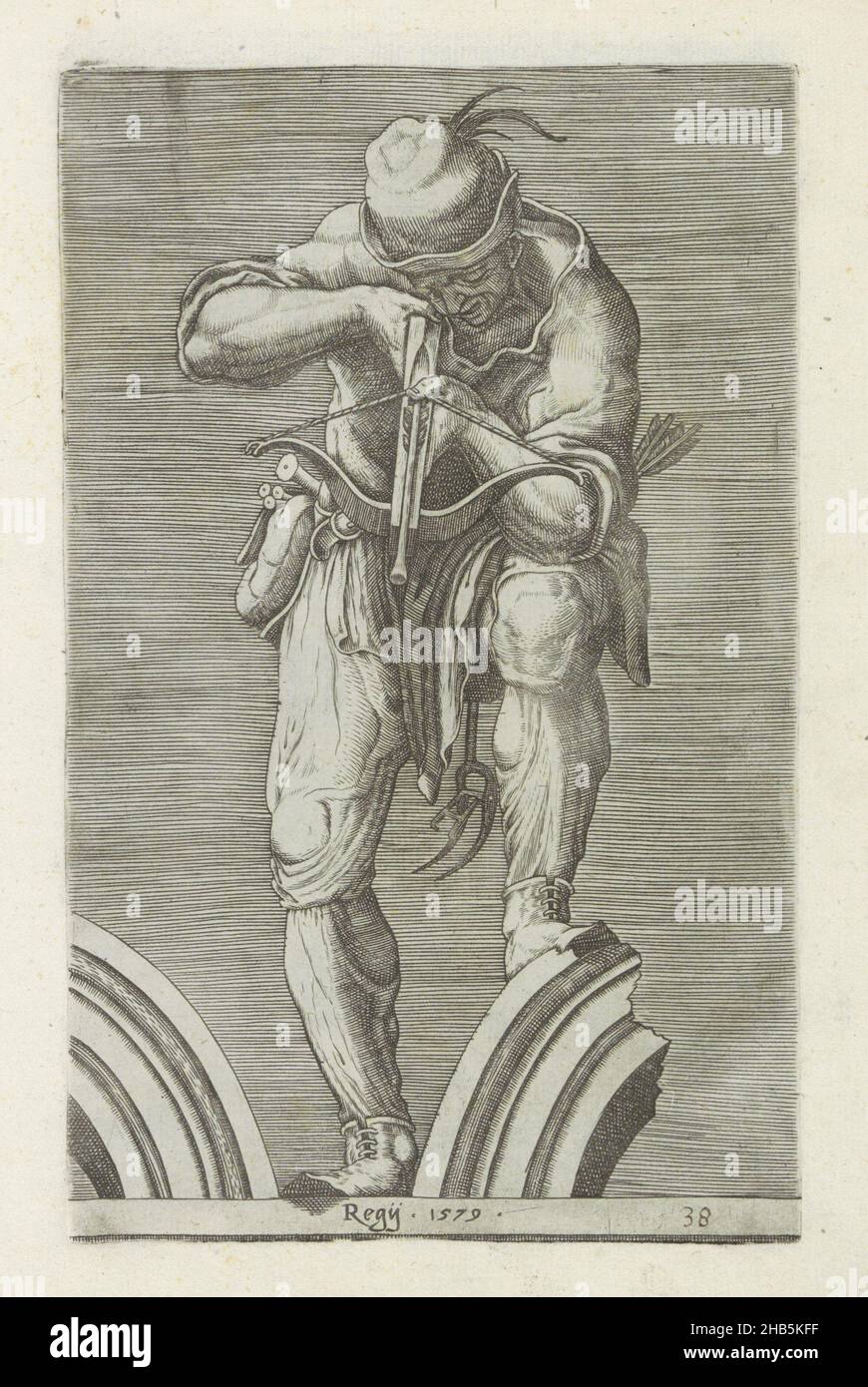 Hunter with a crossbow, Antique sculptures in Rome (series title), Antiquarum statuarum urbis Romae quae in publicis locis visuntur icones (series title), Print is part of an album., print maker: anonymous, publisher: Andrea Vaccari, print maker: Italy, publisher: Rome, 1579 and/or 1584, paper, engraving, height 222 mm × width 141 mm Stock Photo