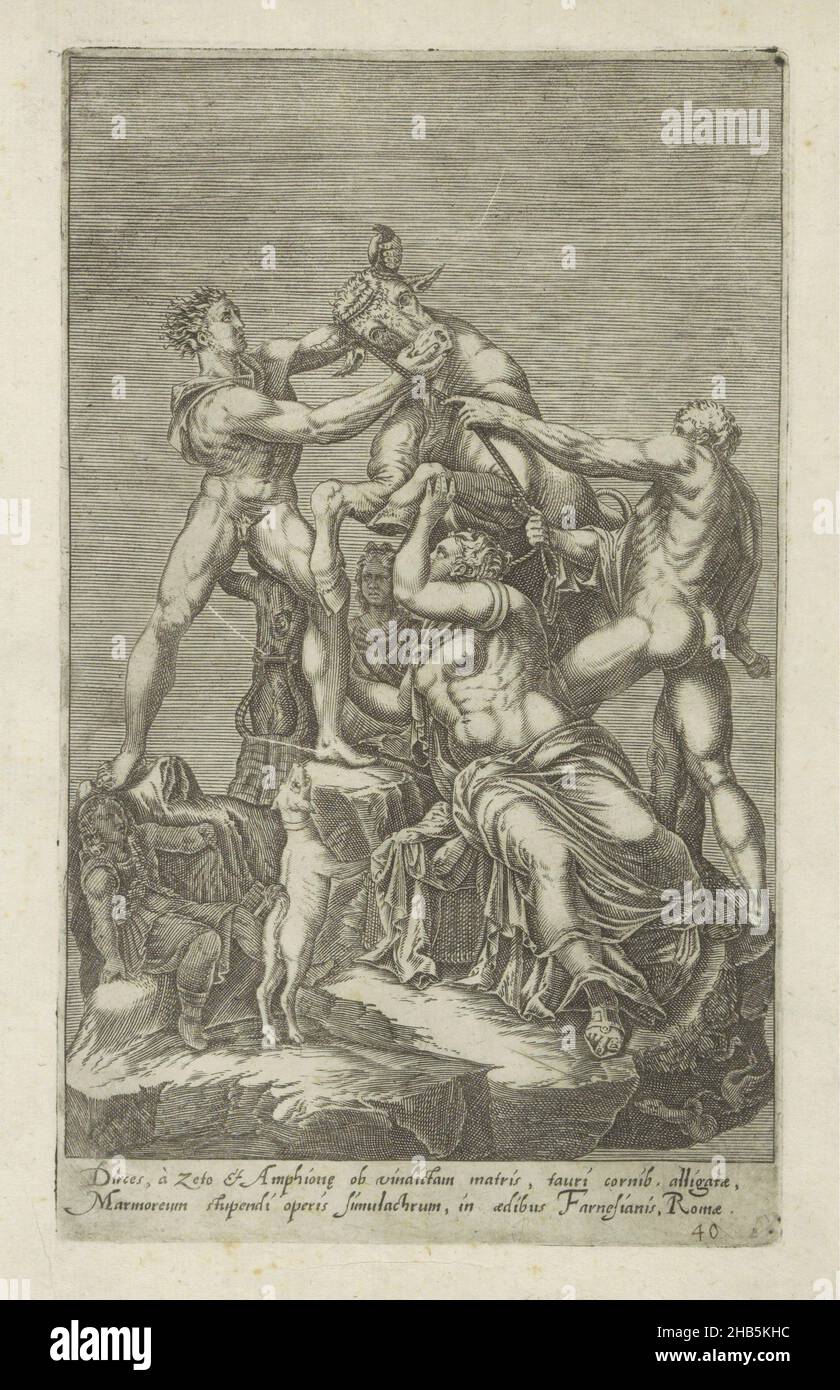 Sculpture of Dirce being tied to a bull, Farnese Bull, Dirces, à zeto et Amphione ob vindictam matris (...) (title on object), Antique sculptures in Rome (series title), Antiquarum statuarum urbis Romae quae in publicis locis visuntur icones (series title), Antique sculpture known as the Farnese Bull. The brothers Amphion and Zethus tie the braided hair of Dirce to the horns , print maker: anonymous, publisher: Andrea Vaccari, print maker: Italy, publisher: Rome, 1584, paper, engraving, height 224 mm × width 135 mm Stock Photo