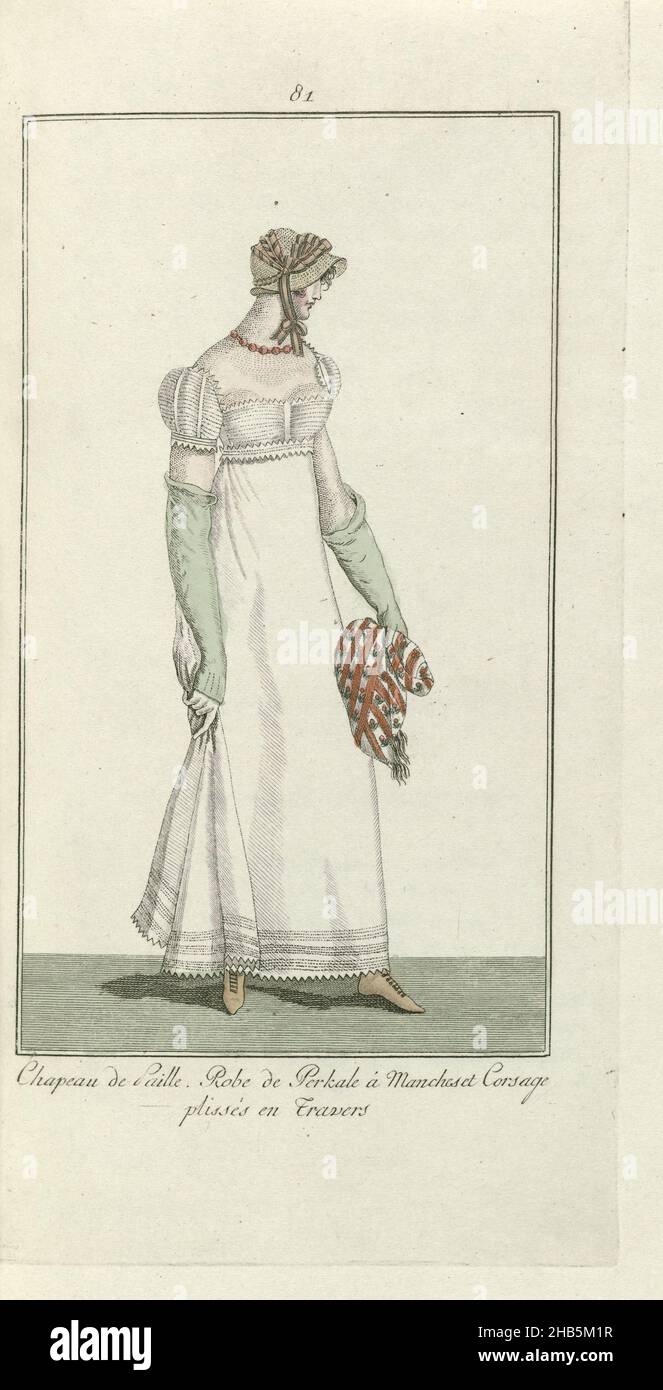 Elegantia, or magazine of fashion, luxury and taste for ladies, June 1809, No. 81: Chapeau de Paille..., According to the accompanying text (p. 192): gown of cotton batiste (percale) whose bust and short puffed sleeves have horizontal pleats. Straw hat. 'Brodequins' (laced boots) of yellow maroon leather. Print from the fashion magazine Elegantia, or journal of fashion, luxury and taste for ladies 1807-1814 (interrupted by the period 1811-1813)., print maker: anonymous, publisher: Evert Maaskamp, Amsterdam, 1809, paper, engraving, height 220 mm × width 126 mm Stock Photo