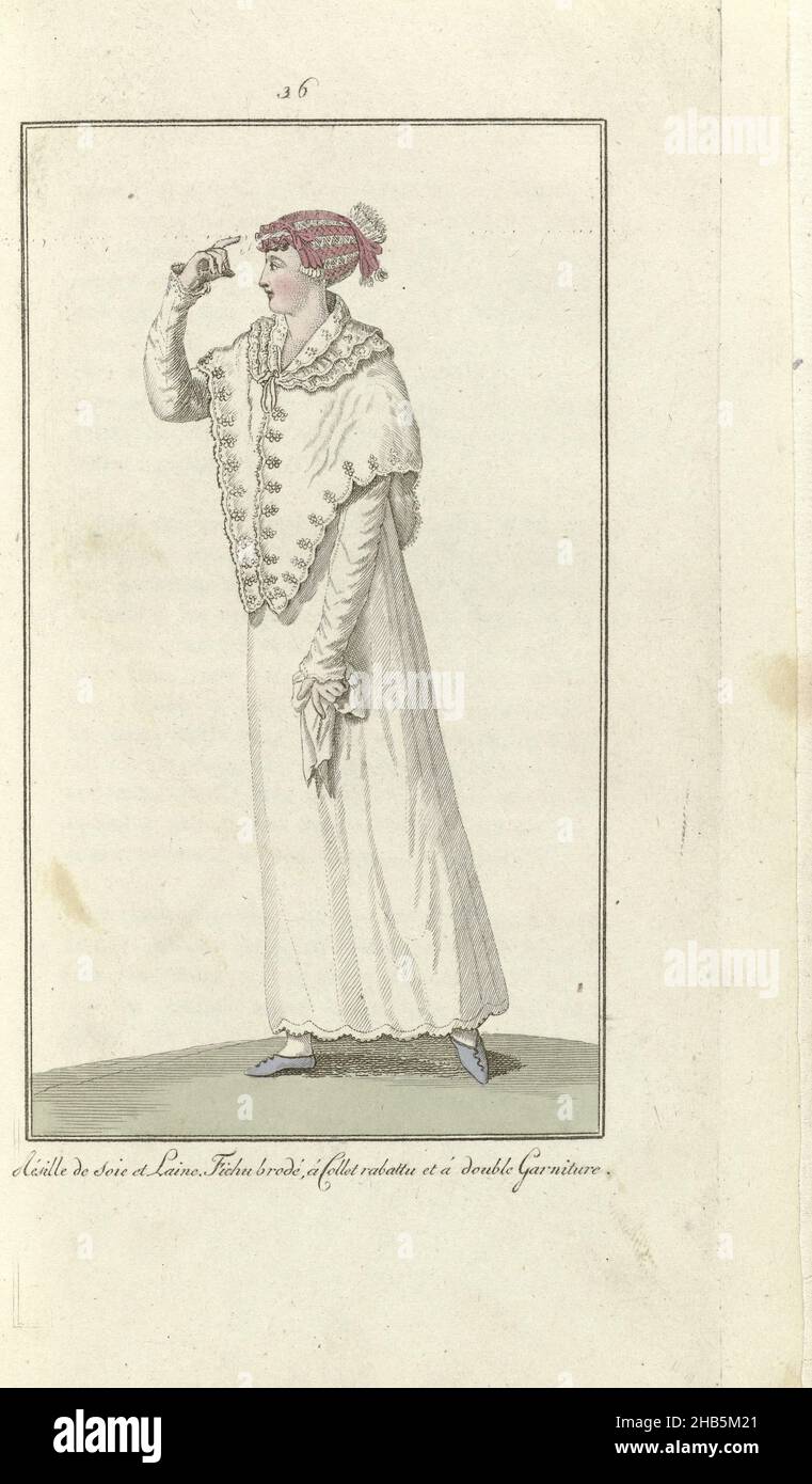 Elegantia, or magazine of fashion, luxury and taste for ladies, February 1808, No. 36: Résille de soie et Laine..., According to the accompanying text (p. 64): 'Grand négligé'. 'Résille'(hair net) of silk and wool. Embroidered fichu with turned down collar and double trimmings. Print from the fashion magazine Elegantia, or journal of fashion, luxury and taste for ladies 1807-1814 (interrupted by the period 1811-1813)., print maker: anonymous, publisher: Evert Maaskamp, Amsterdam, 1808, paper, engraving, height 218 mm × width 120 mm Stock Photo