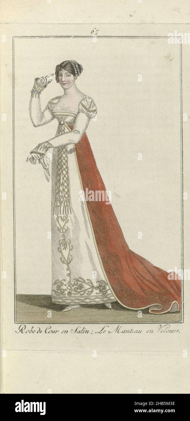 Elegantia, or magazine of fashion, luxury and taste for ladies, January 1809, No. 67: Robe de Cour en Satin..., According to the accompanying text (p. 32): 'Grande parure. Red velvet robe embroidered with gold. 'Coeffure en diamans'. Toque of white satin (??). Diamond bracelets. According to the caption: court gown of satin. Cloak of velvet. Print from the fashion magazine Elegantia, or journal of fashion, luxury and taste for ladies 1807-1814 (interrupted by the period 1811-1813)., print maker: anonymous, publisher: Evert Maaskamp, Amsterdam, 1809, paper, engraving, height 220 mm × width 126 Stock Photo