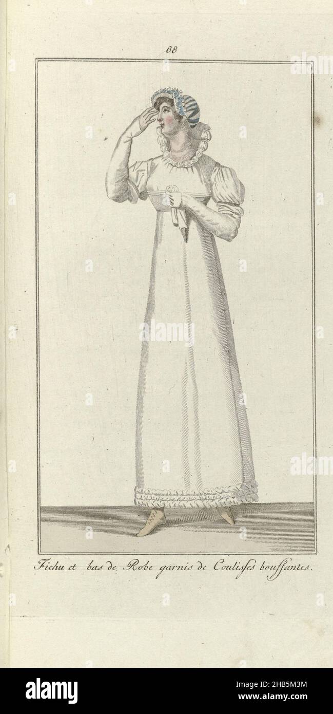 Elegantia, or magazine of fashion, luxury and taste for ladies, September 1809, No. 88: Fichu et bas de Robe..., According to the accompanying text (p. 288): Gown of cottonbatiste (percale). Collar (fichu) and border with 'coulisses bouffanten'. 'Casque' of white straw. Yellow 'brodequins' (riding boots). Print from the fashion magazine Elegantia, or journal of fashion, luxury and taste for ladies 1807-1814 (interrupted by the period 1811-1813)., print maker: anonymous, publisher: Evert Maaskamp, Amsterdam, 1809, paper, engraving, height 220 mm × width 126 mm Stock Photo
